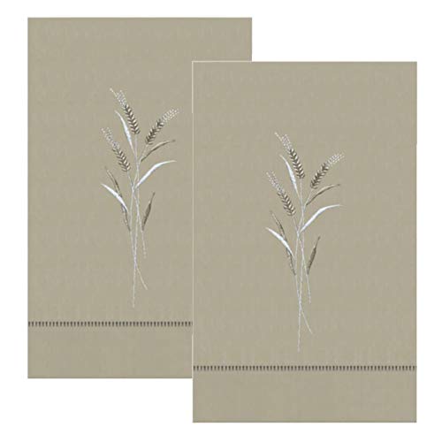 Fall Ecru Beige Wheat Embroidery Design Kitchen Tea Hand Towels with Gilucci Hemstitch Border 14 X 22 Inch (Set of 2)