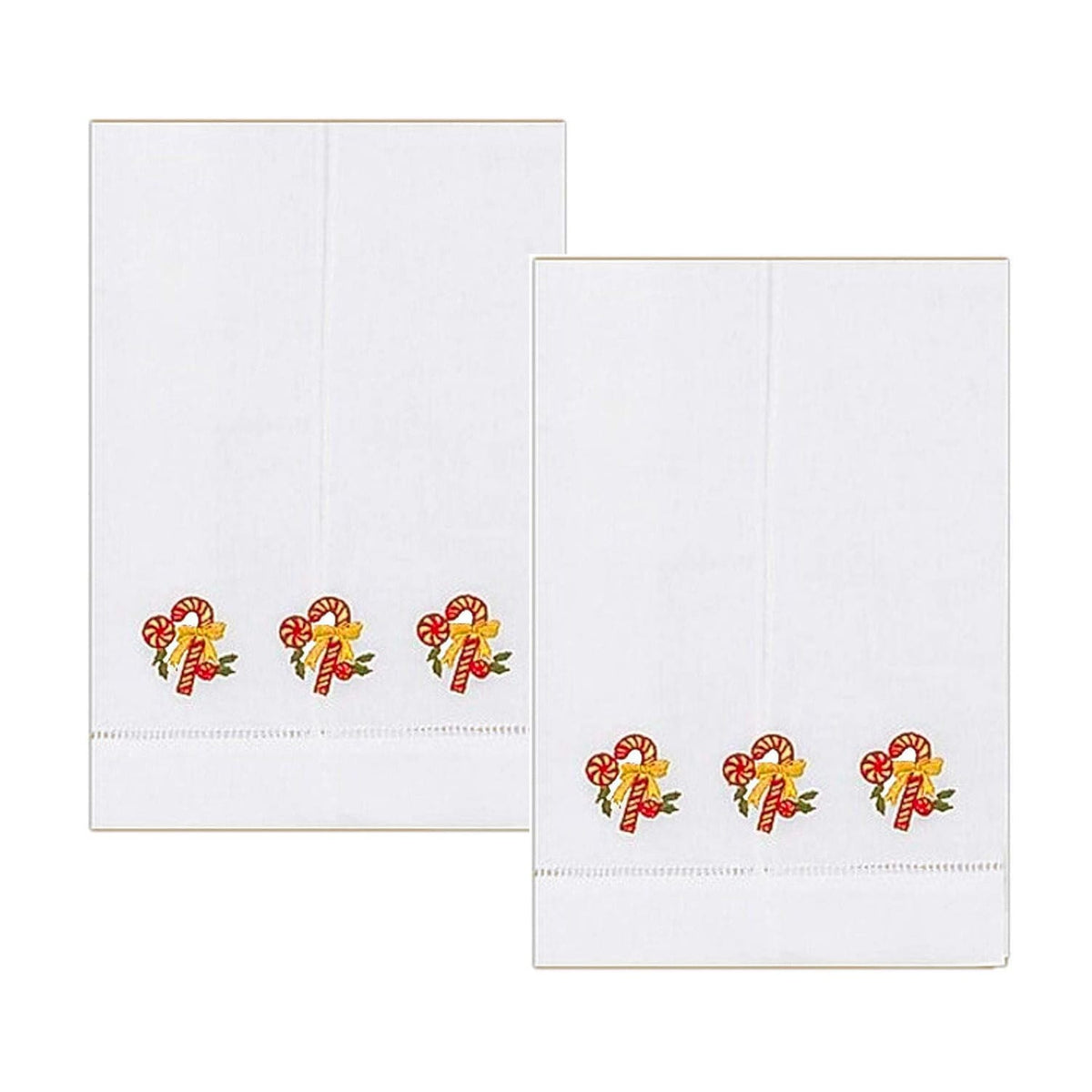 Holiday Christmas Candy Cane Embroidery Design Kitchen Guest Bath Tea Hand Towels White with Hemstitch Border 14 X 22 Inch (Set of 2)