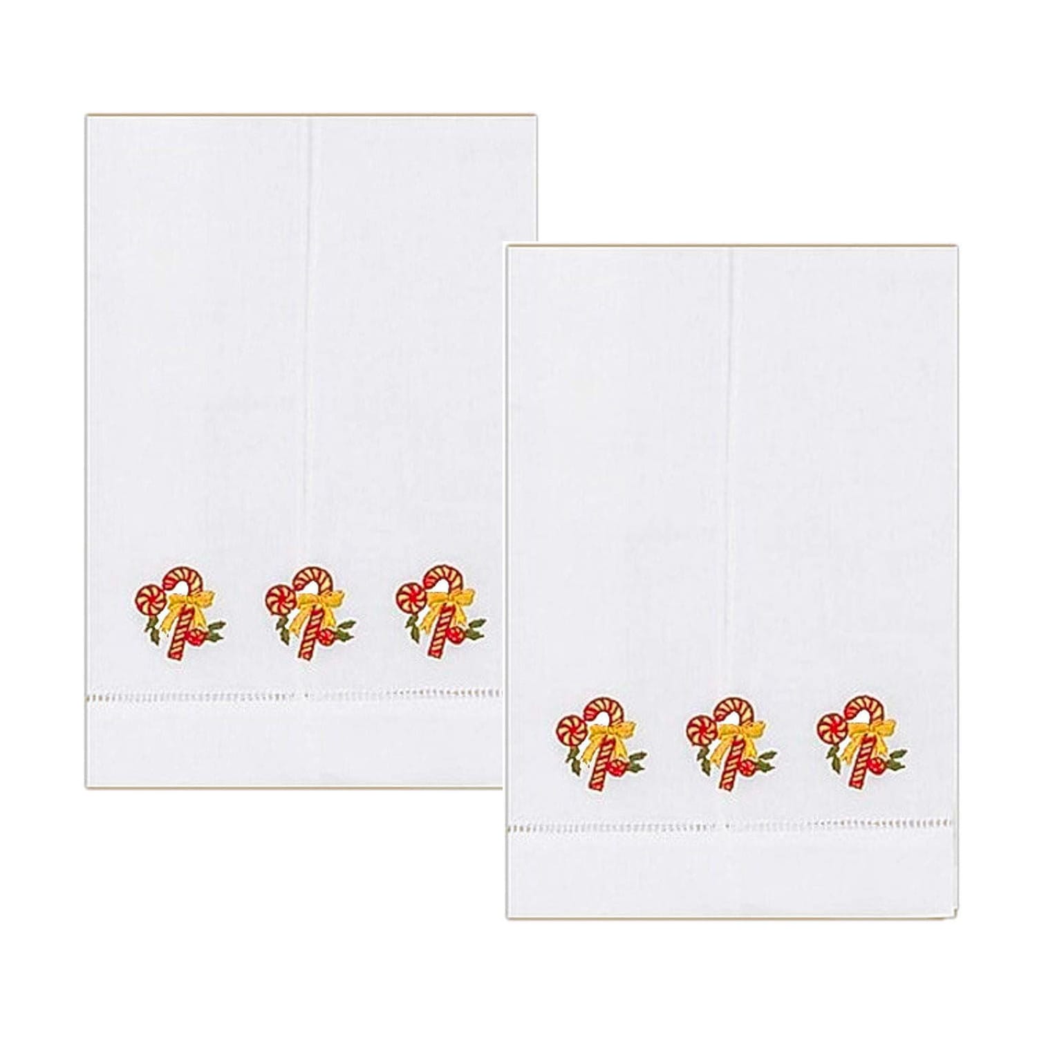 Holiday Christmas Candy Cane Embroidery Design Kitchen Guest Bath Tea Hand Towels White with Hemstitch Border 14 X 22 Inch (Set of 2)