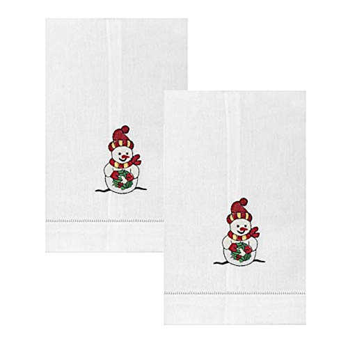 Winter Christmas Snowman Embroidered Holiday Kitchen Guest Tea Hand Towels White with Hemstitch Border 14 X 22 Inch (Set of 2)