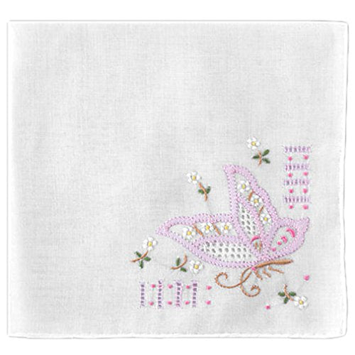Women's Handkerchief White Fine Cotton Inch with Butterfly and Daisy Embroidery (Pack of 2)
