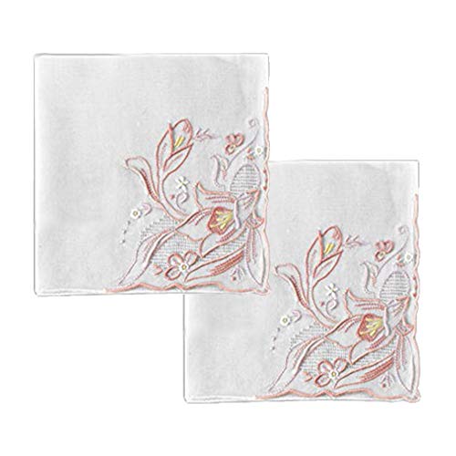 Women's Handkerchief White with Peach Pastel Flower Embroidery (Pack of 2)