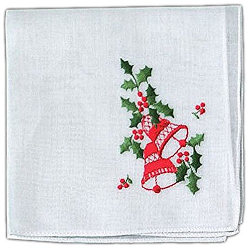 Women's Holiday Handkerchief White Fine Cotton Cloth with Red and Green Christmas Bells Embroidery 12 X 12 Inch (Pack of 2)