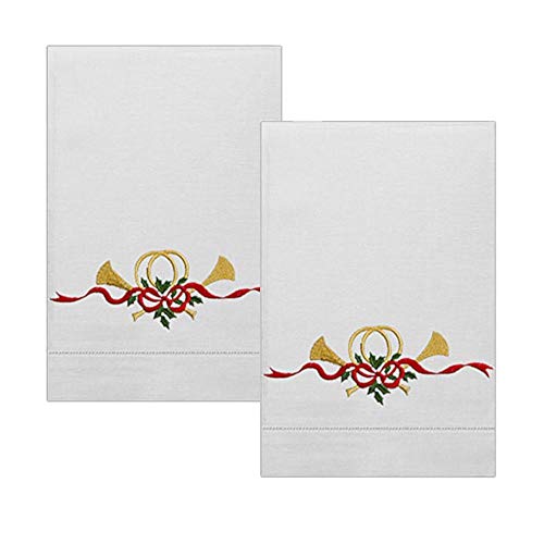 Christmas Holiday Horn and Holly Embroidery Design Kitchen Guest Bath Tea Hand Towels White with Hemstitch Border 14 X 22 Inch (Set of 2)