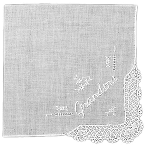 Women's Handkerchief White Fine Cotton 13 X 13 Inch with Grandma Embroidery and Crochet Corner (Pack of 2)