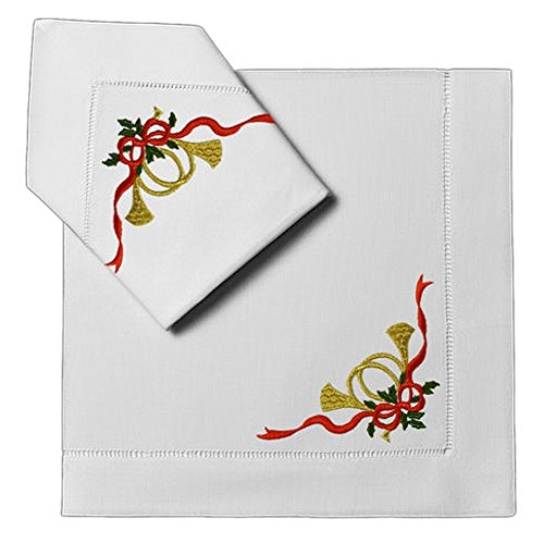 Christmas Horn and Bow Embroidery Design with Classic Hemstitch Ladder Borders Holiday Dinner Napkins White Linen Cloth 20 X 20 Inch (Set of 4)