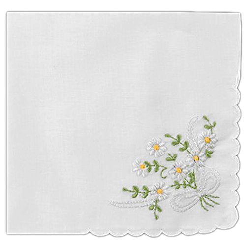 Women's Handkerchief White Fine Cotton Inch with Daisy and Bowknot Embroidery and Scallop Edge (Pack of 2)