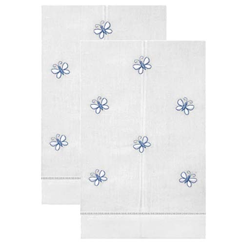 Embroidered Butterflies Pattern Kitchen Guest Bath Tea Hand Towels White with Hemstitch Border 14 X 22 Inch (Set of 2)