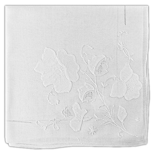 Women's Handkerchief White Fine Cotton 15 X 15 Inch with Floral Applique Pattern Design (Pack of 2)