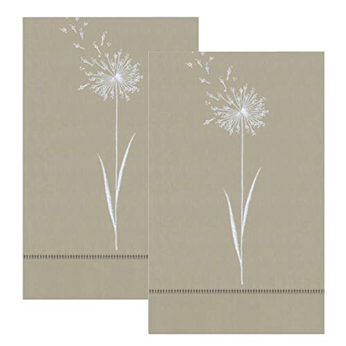 Fall Ecru Beige Dandelion Embroidery Design Kitchen Tea Hand Towels with Gilucci Hemstitch Border 14 X 22 Inch (Set of 2)