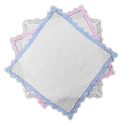 Women's Handkerchief White Fine Cotton Inch with Pink Crochet Lace Border (Pack of 2)