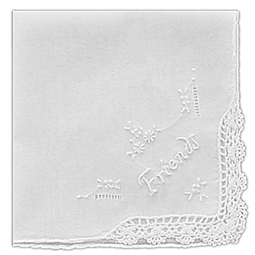 Women's Handkerchief White Fine Cotton Inch with Friends Embroidery and Crochet Lace Edge (Pack of 2)