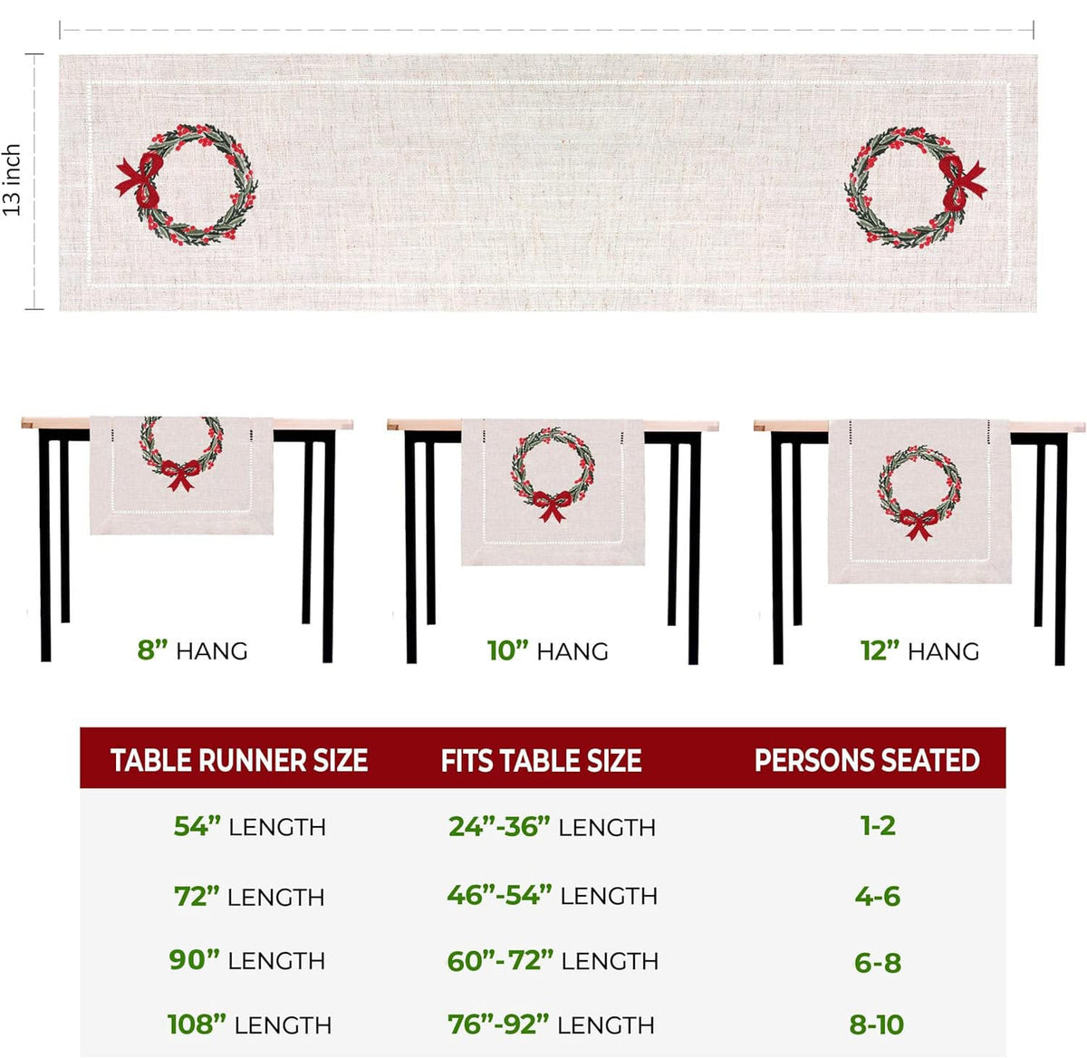 Holiday Wreath Embroidered Hemstitch Table Runner | Beige