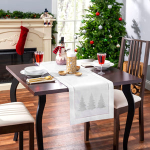 Silver Winter Trees Embroidered Hemstitch Table Runner | White