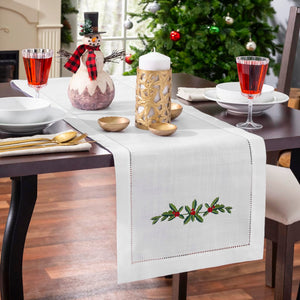 Holly Garland Embroidered Hemstitch Table Runner | White