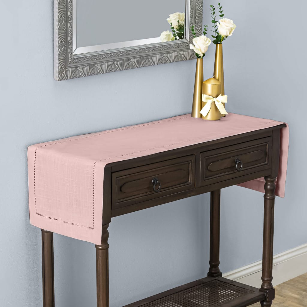 Rustic Farmhouse Hemstitch Table Runner | Rose Gold Pink