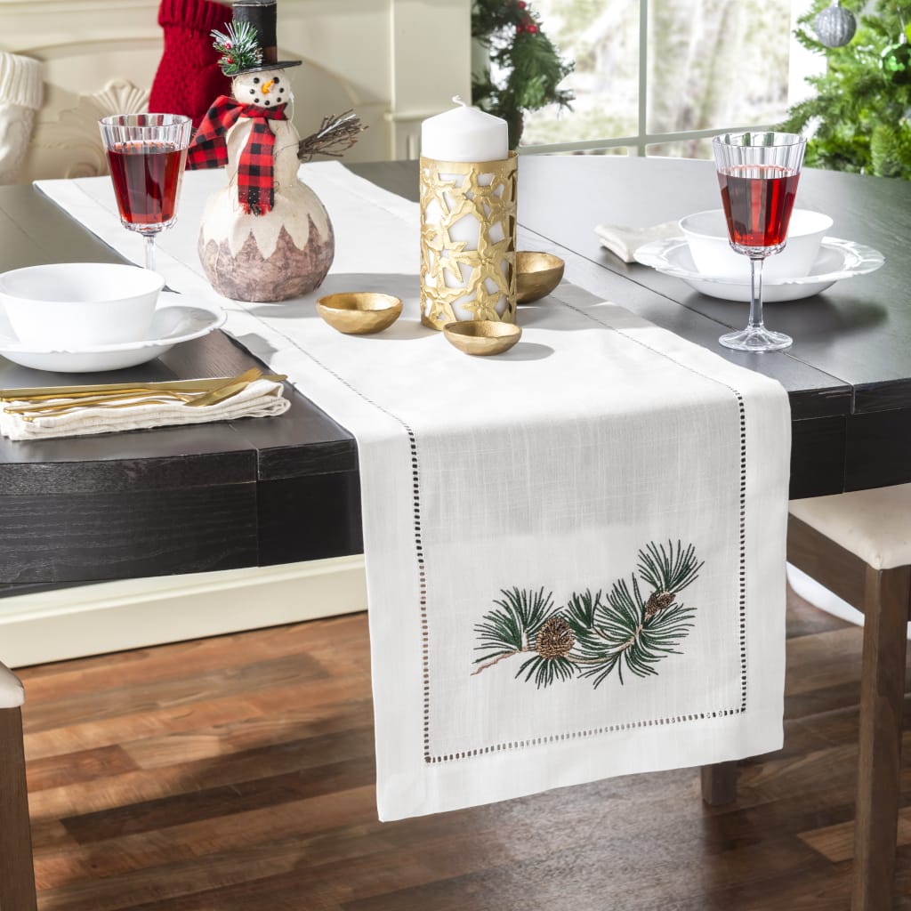 Pine Cone Branch Embroidered Hemstitch Table Runner | White