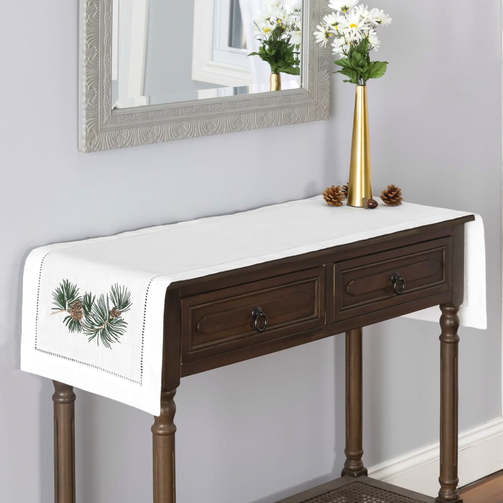 Pine Cone Branch Embroidered Hemstitch Table Runner White Brio Trends