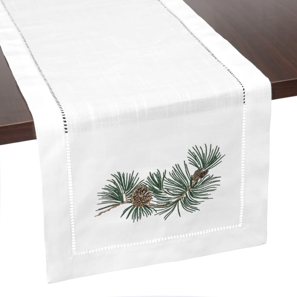 Pine Cone Branch Embroidered Hemstitch Table Runner | White