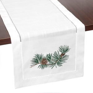 Pine Cone Branch Embroidered Hemstitch Table Runner | White