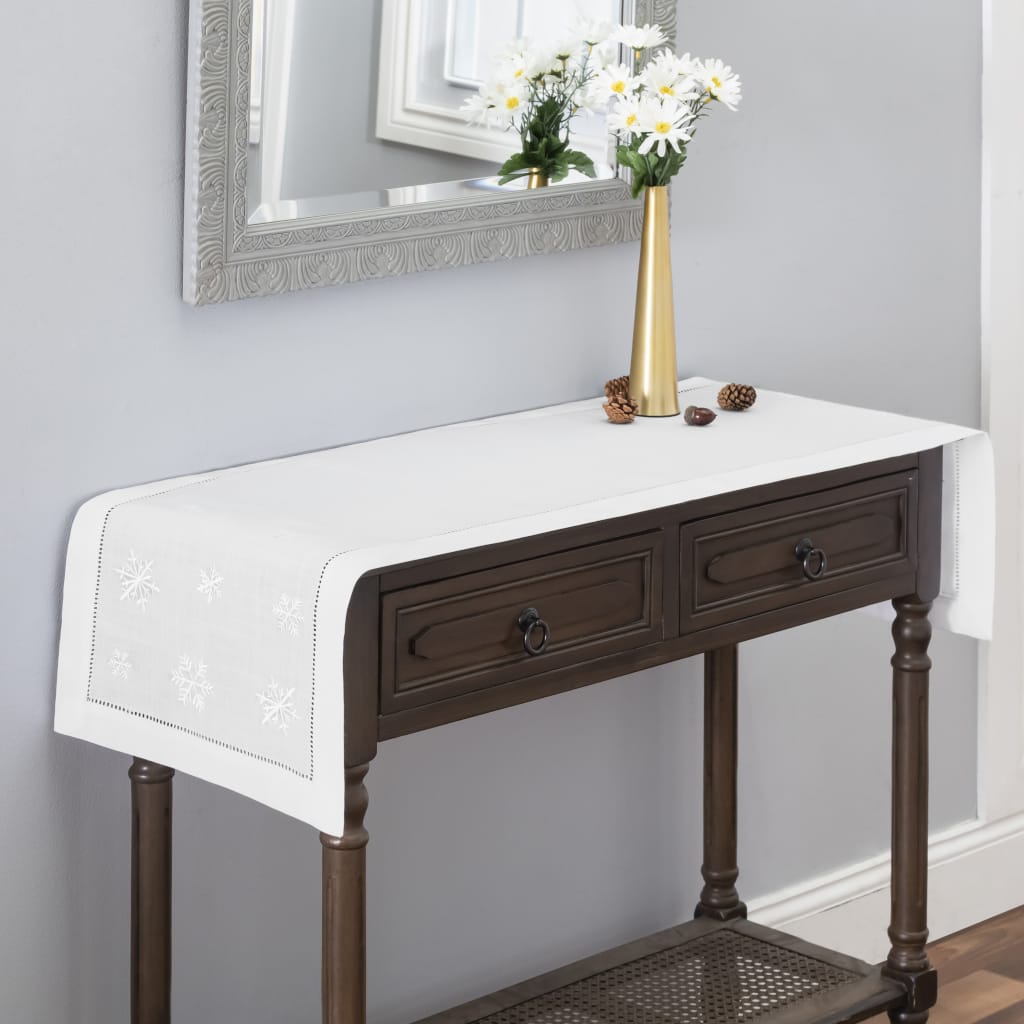 Brio Trends Snowflake Embroidery Hemstitch Table Runner Farmhouse Decor White 14 x 108 Polyester Linen