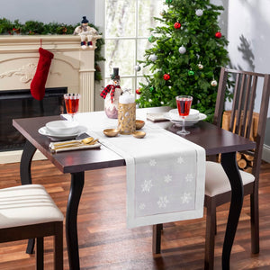 Snowflake Embroidered Hemstitch Table Runner | White