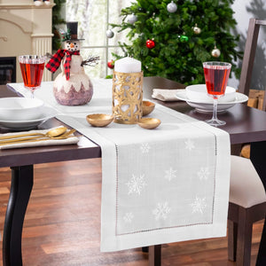Snowflake Embroidered Hemstitch Table Runner | White