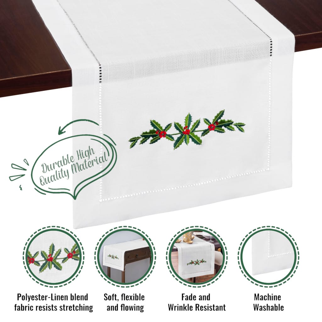 Holly Garland Embroidered Hemstitch Table Runner | White