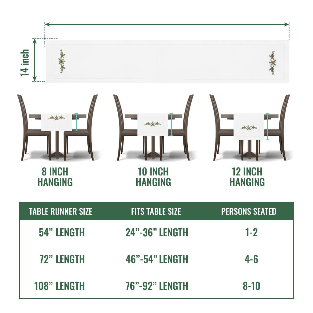 Holly Garland Embroidered Hemstitch Table Runner, White - Brio Trends