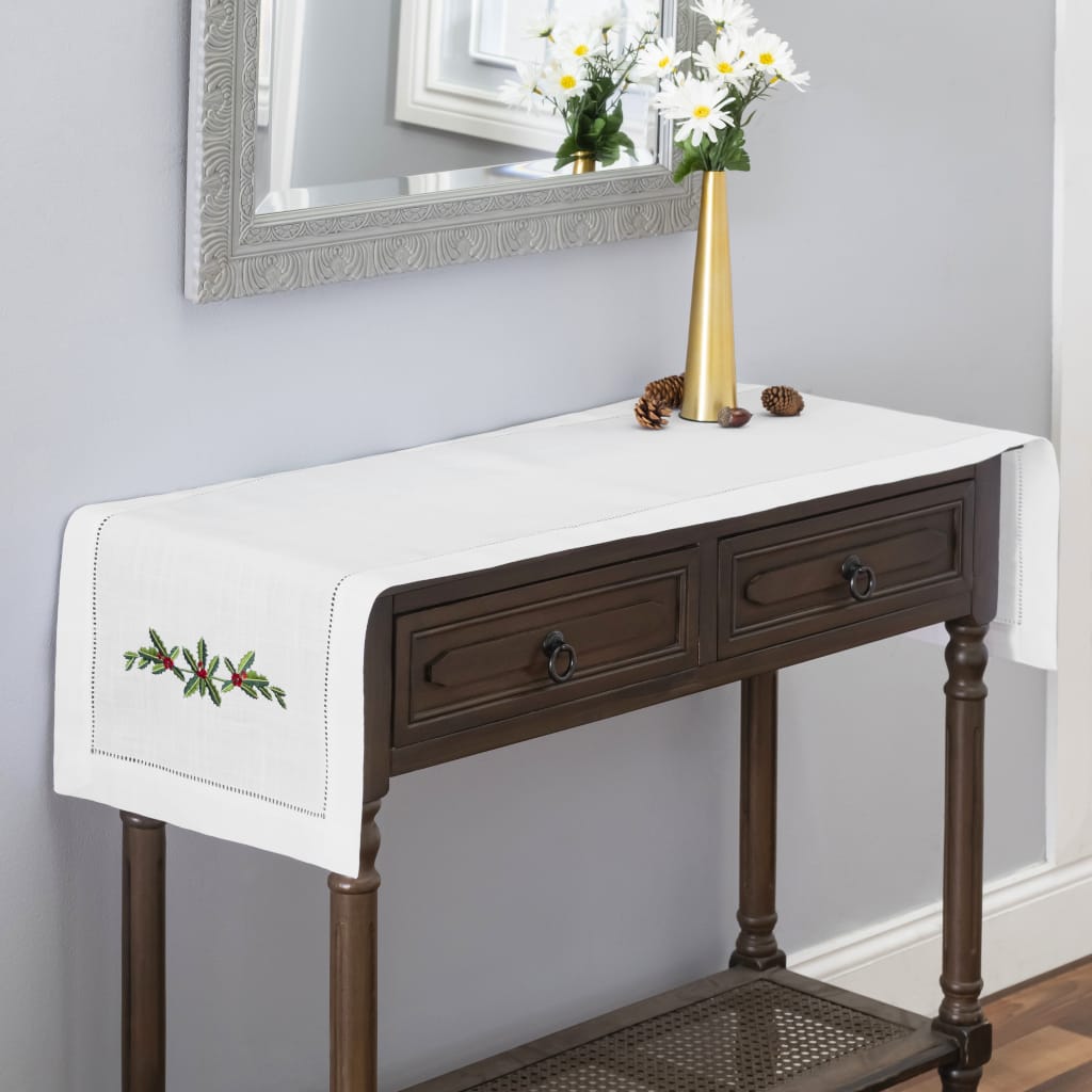Holly Garland Embroidered Hemstitch Table Runner | White