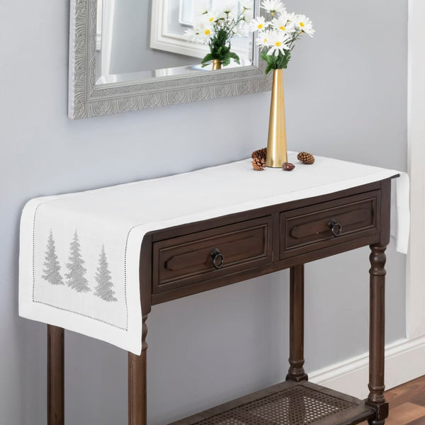 Silver Winter Trees Embroidered Hemstitch Table Runner | White - Brio ...