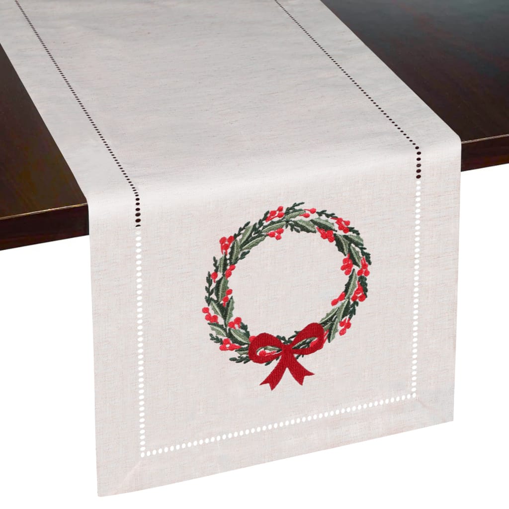 Holiday Wreath Embroidered Hemstitch Table Runner | Beige