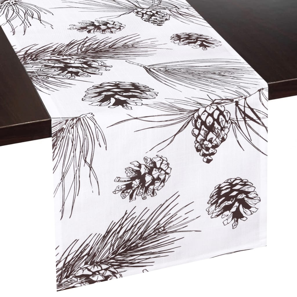 Pine Cone Branch Print Table Runner | Dark Brown, White