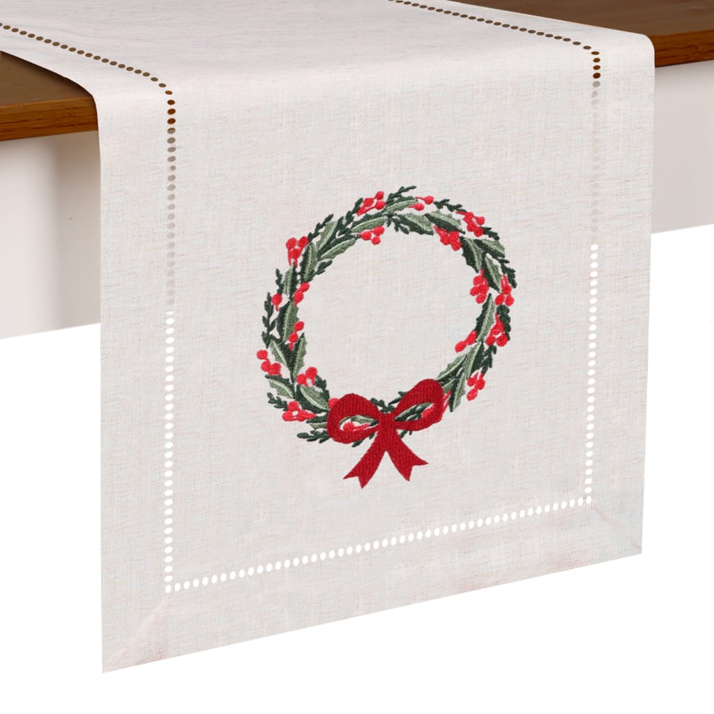Holiday Wreath Embroidered Hemstitch Table Runner | Beige