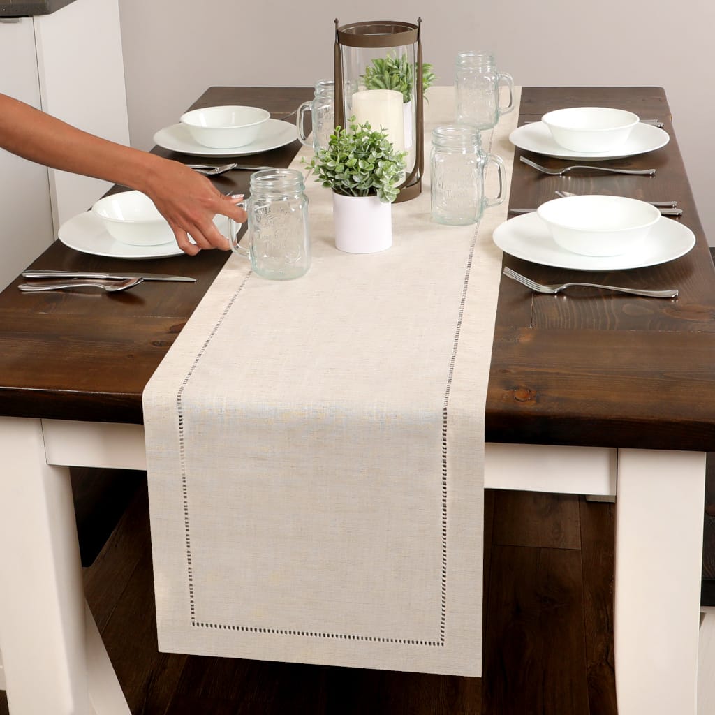 Rustic Farmhouse Hemstitch Table Runner | Natural Beige