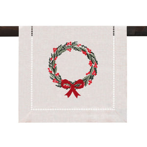 Holiday Wreath Embroidered Hemstitch Table Runner | Beige