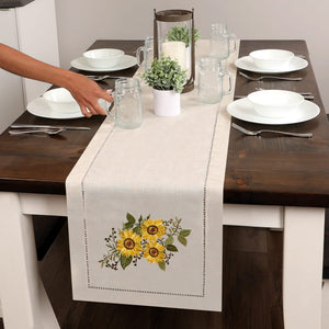 Sunflower Embroidered Hemstitch Table Runner | Natural Beige
