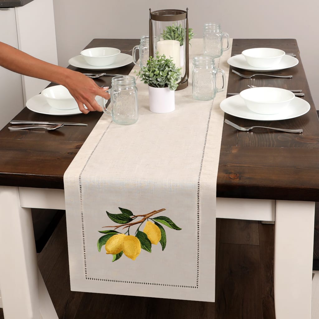 Lemon Branch Embroidered Hemstitch Table Runner | Natural Beige
