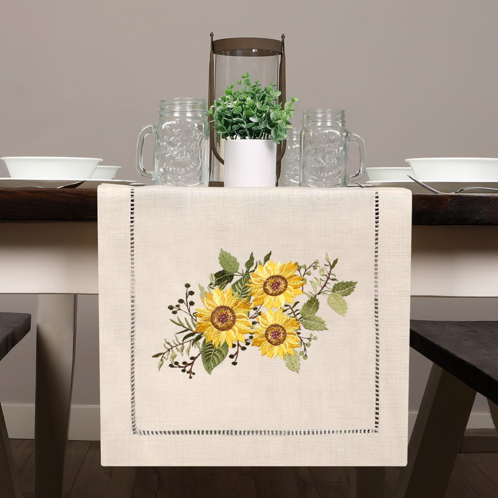 Sunflower Embroidered Hemstitch Table Runner | Natural Beige
