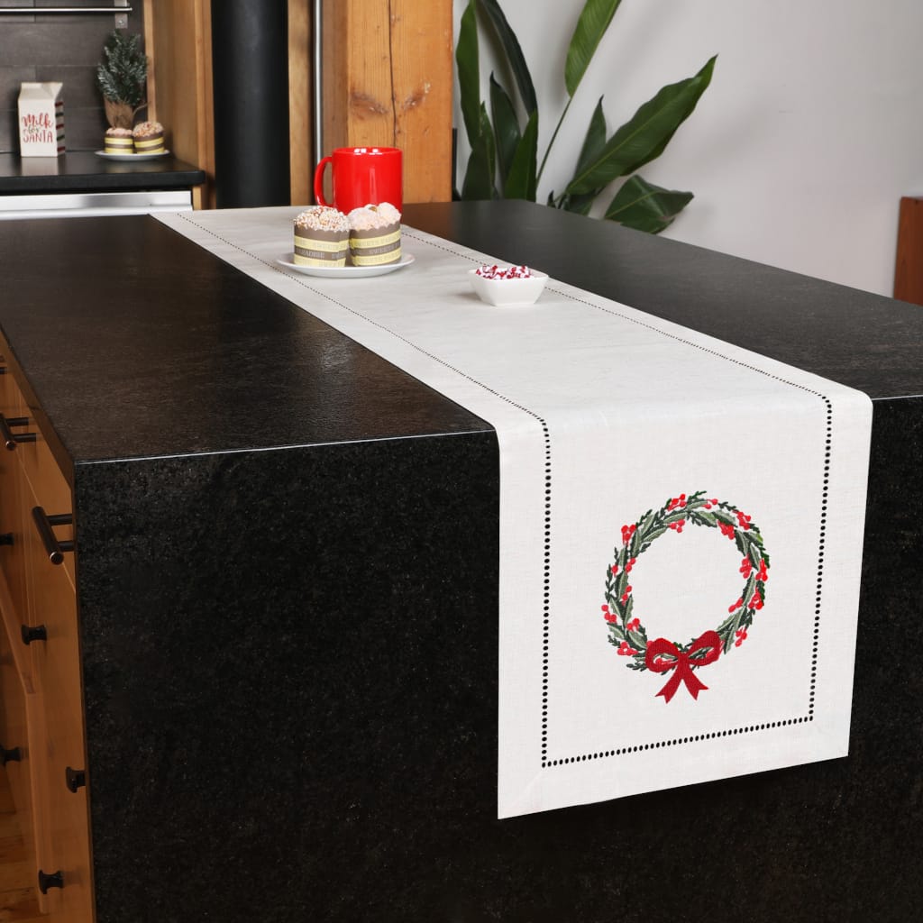 Holiday Wreath Embroidered Hemstitch Table Runner | Beige
