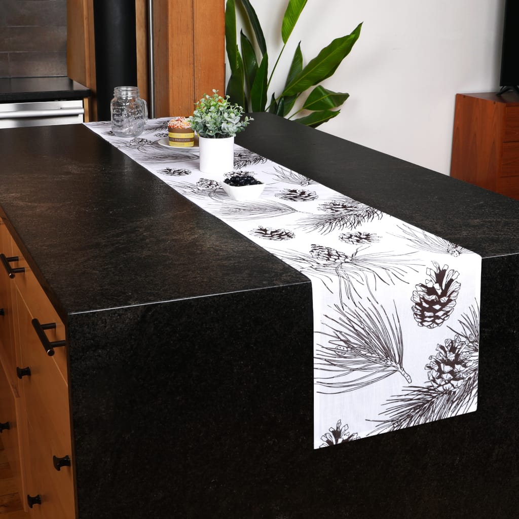 Pine Cone Branch Print Table Runner | Dark Brown, White