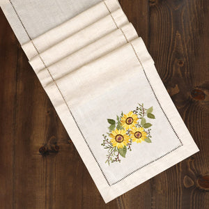 Sunflower Embroidered Hemstitch Table Runner | Natural Beige