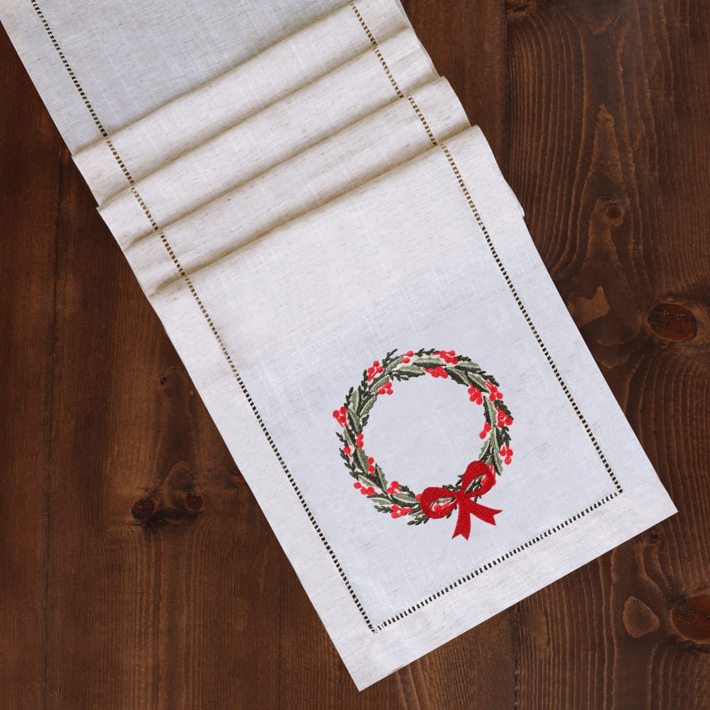 Holiday Wreath Embroidered Hemstitch Table Runner | Beige