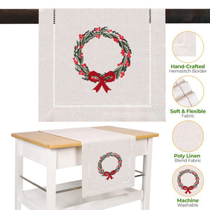 Holiday Wreath Embroidered Hemstitch Table Runner | Beige