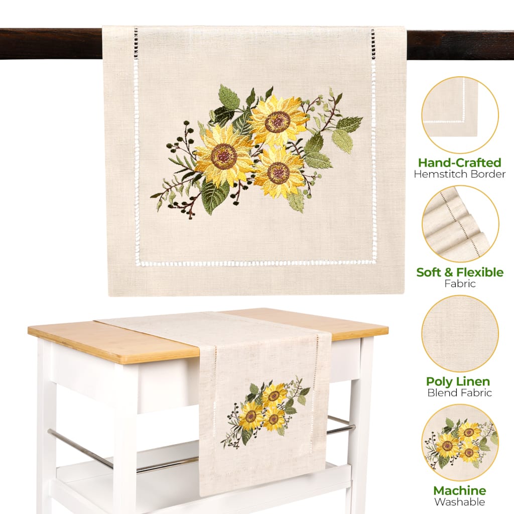 Sunflower Embroidered Hemstitch Table Runner | Natural Beige