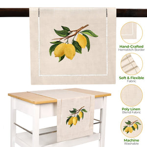 Lemon Branch Embroidered Hemstitch Table Runner | Natural Beige