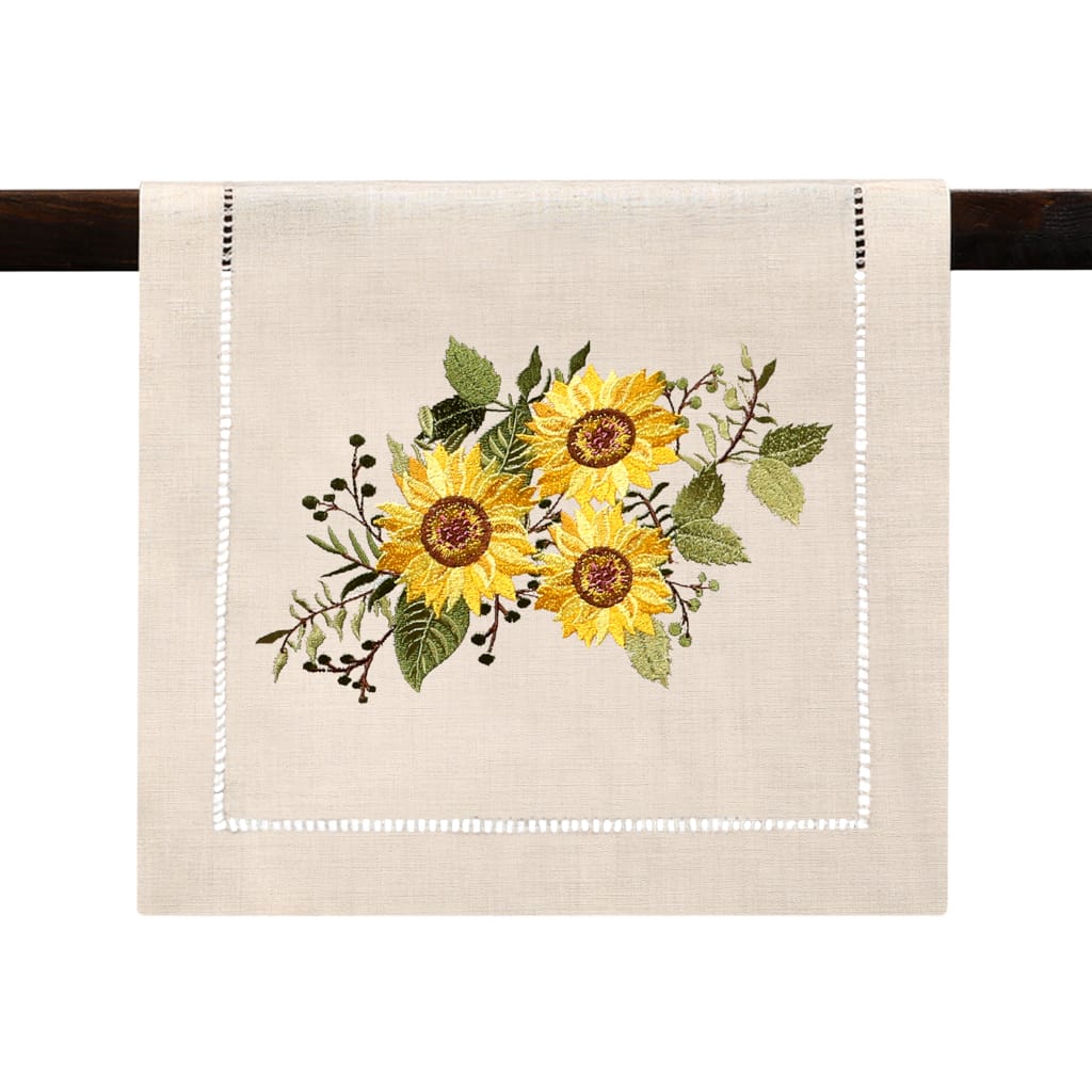 Sunflower Embroidered Hemstitch Table Runner | Natural Beige