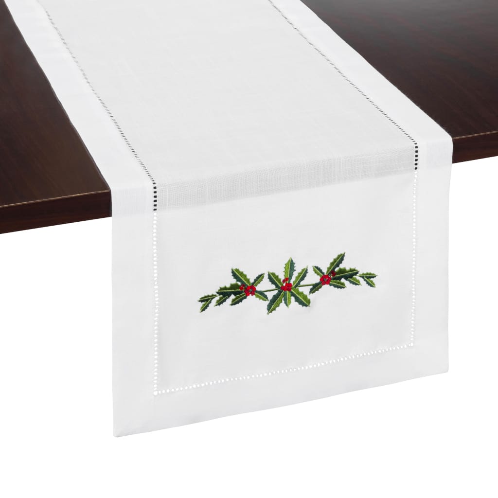 Holly Garland Embroidered Hemstitch Table Runner | White