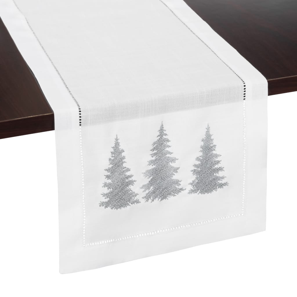 Silver Winter Trees Embroidered Hemstitch Table Runner | White