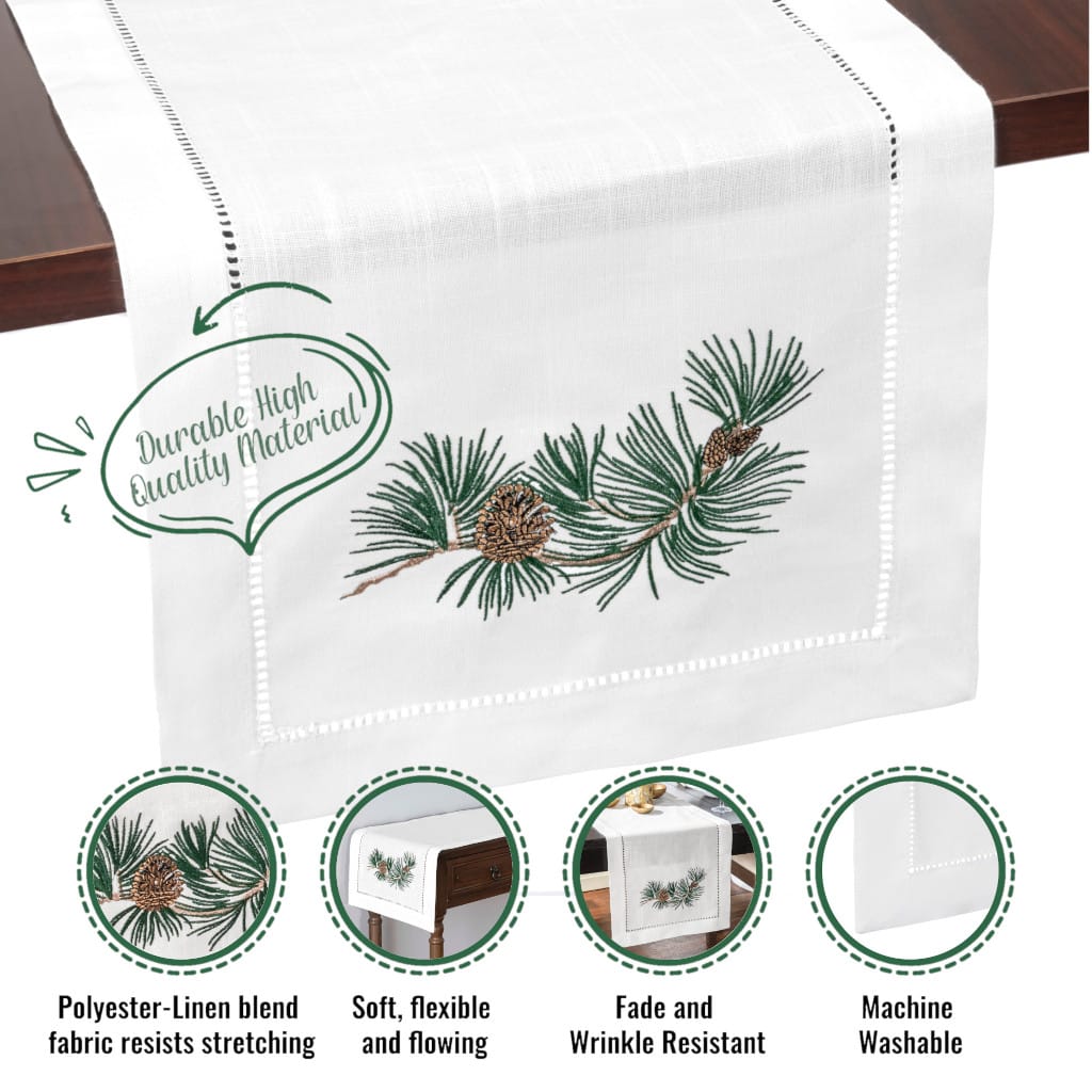 Pine Cone Branch Embroidered Hemstitch Table Runner | White